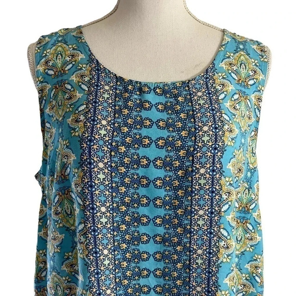 Soiree Floral Blouse Large Blue Yellow Sleeveless Tank Top Backside Button Up - Picture 3 of 5